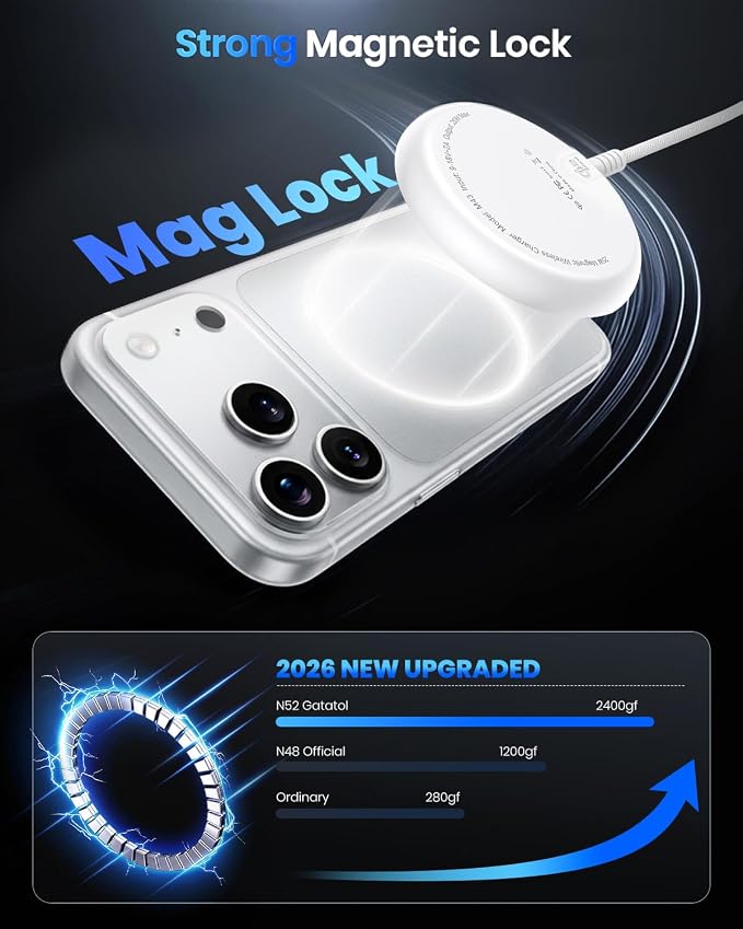 Magnetic Wireless Charger 5FT Qi2 25W Fast Charging Pad Compatible with MagSafe for iPhone Air/17e/17/16/15/14/13/12/Pro/Pro Max Series &amp AirPods 4/3/2/Pro &amp More (with 30W Adapter)