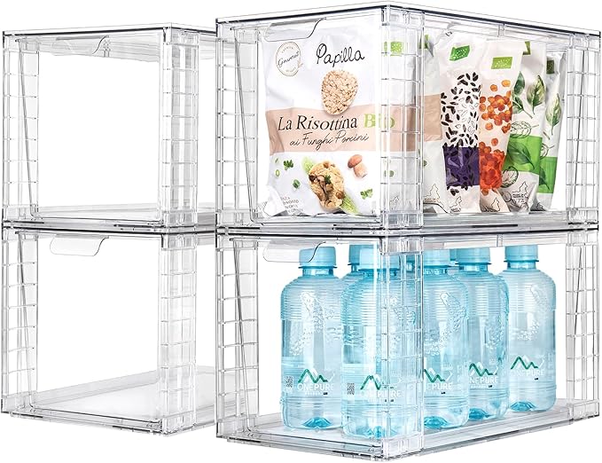 4Pack Large Stackable Kitchen Storage Drawers, Clear Foods Organizer Bins with Handles, Easily Assemble for Bathroom, Kitchen, Pantry, Cabinet, Closet(XL-Down Handle)