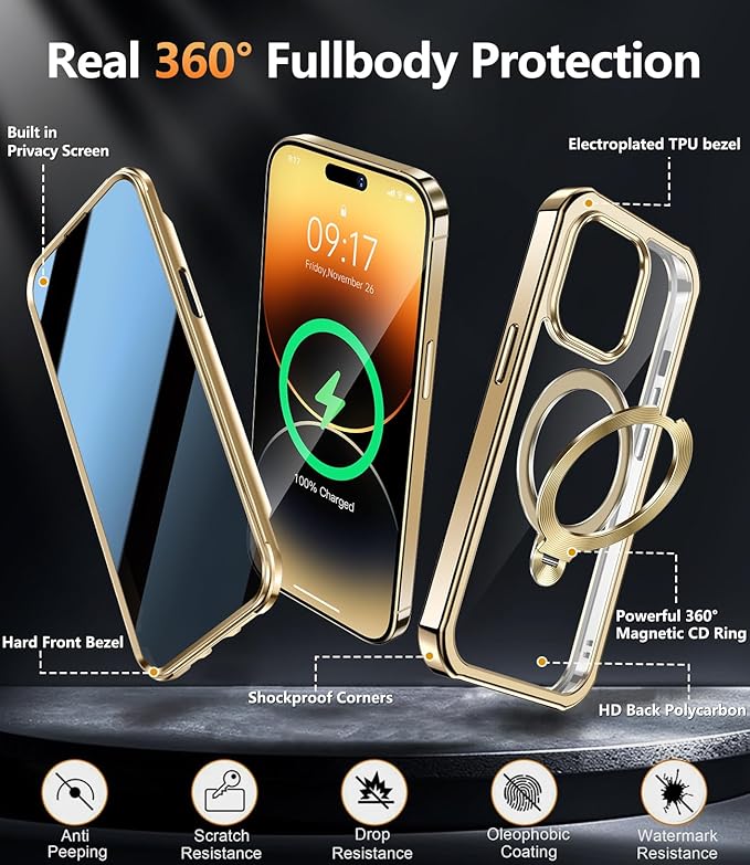 [360° Rotatable CD Stand & Built-in Privacy Screen Magnetic Case for iPhone 14 Pro Max[Compatible with MagSafe&Full Signal] Mil-Grade Shockproof Full Body Anti-Spy Cover for 14 Pro Max-Gold