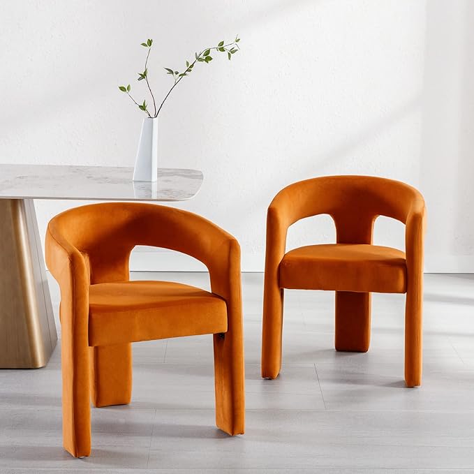 Set of 6 Modern Velvet Fabric Upholstered Dining Chairs with Open-Back, Cute Barrel Side Chairs Kitchen Armchair Accent Chairs for Dining Room Bedroom, Orange