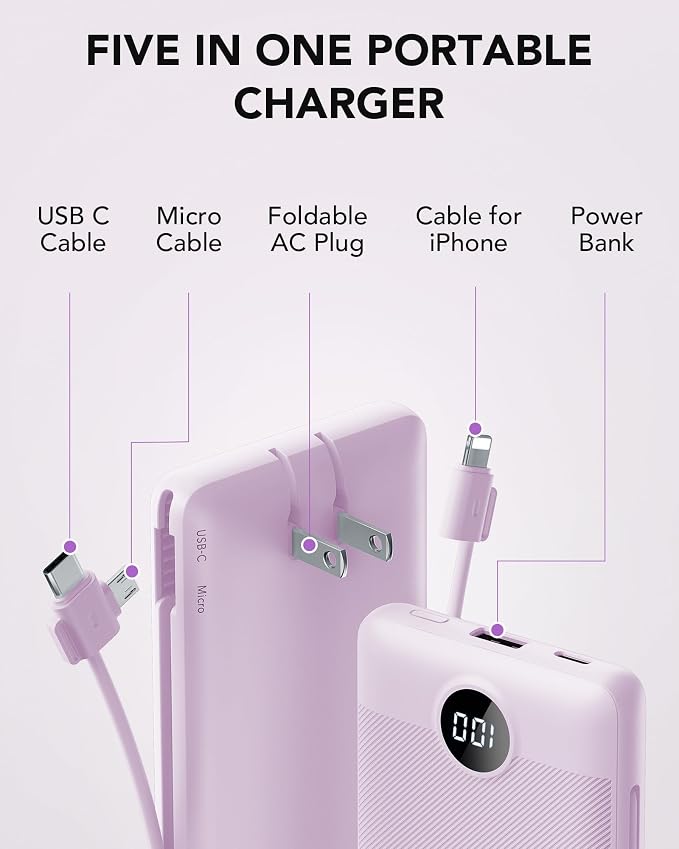 VRURC Portable Charger Power Bank Built-in Cables and AC Wall Plug | USB C Portable Bank 10000mAhTravel Essentials Phone Charger Compact External Battery Pack for Smart PhonesTablets-Black