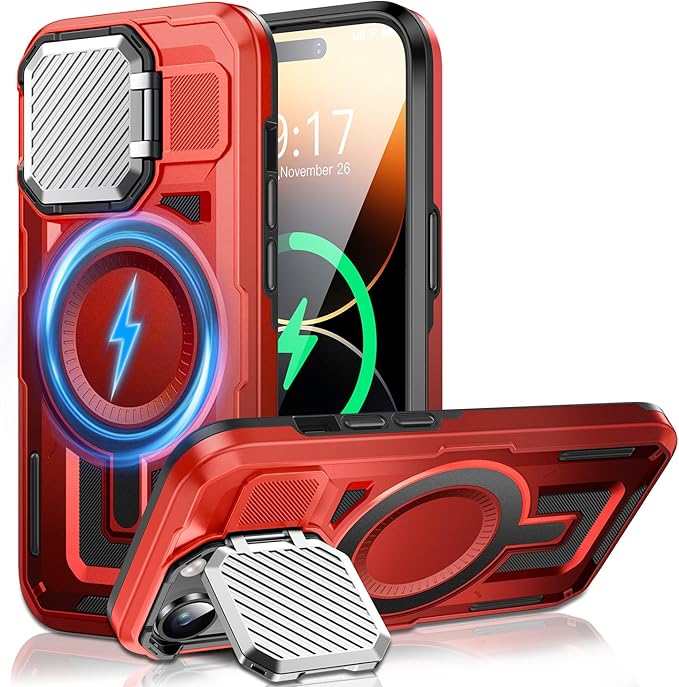 Camera Stand Case for iPhone 14 Pro Max, [Compatible with MagSafe] [Lens Cover] 2024 Version Military Grade Protective Soft Case for iPhone 14 Pro Max 6.7 inch Men Women, Red