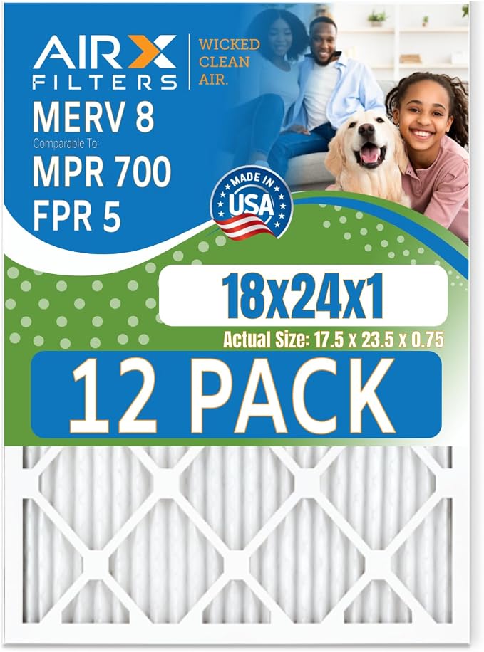 18x24x1 Air Filter MERV 8 Rating, 12 Pack of Furnace Filters Comparable to MPR