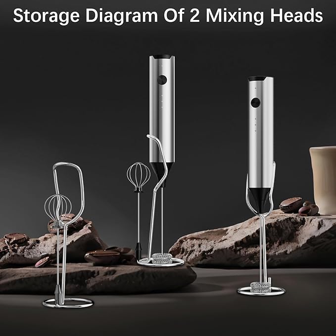 QTDHG Rechargeable Milk Frother with Stand, Electric Frother Wand Handheld Coffee Foam Maker Detachable Stainless Steel Whisk Drink Mixer Foamer for Latte, Cappuccino, Hot Chocolate, Egg (Silver)