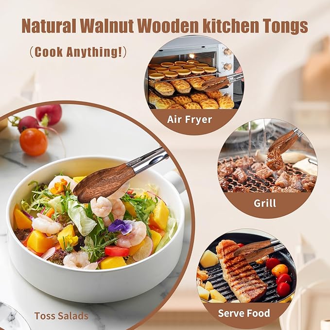 Wooden Tongs for Cooking 3PCS 7,9,12 Inch Natural Walnut Wood kitchen Tongs