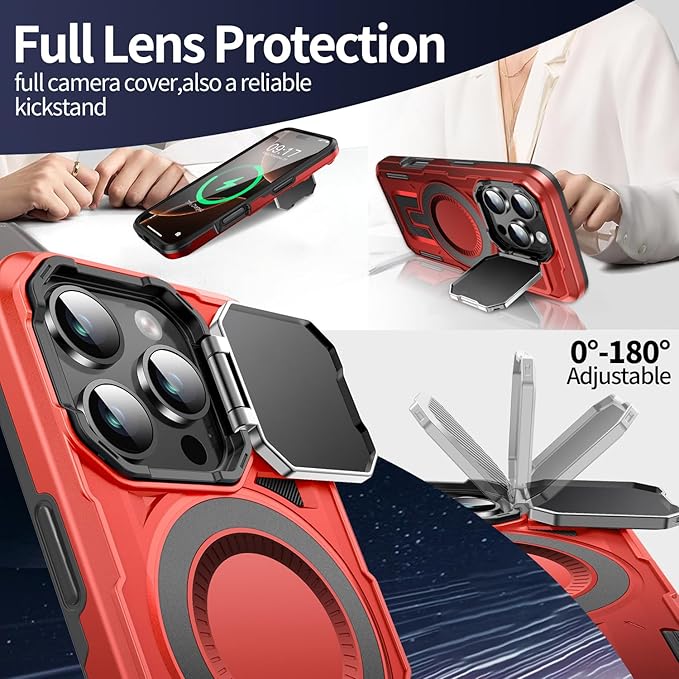 Camera Stand Case for iPhone 16 Pro Max, [Compatible with MagSafe] [Lens Cover] 2024 Version Military Grade Protective Soft Case for iPhone 16 Pro Max 6.9 inch Men Women, Red