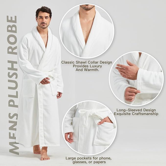 FashGudim Mens Robes Big and Tall Full Length Plush Fleece Long Robe for Men Bathrobe Shawl Collar Warm Winter House Robes