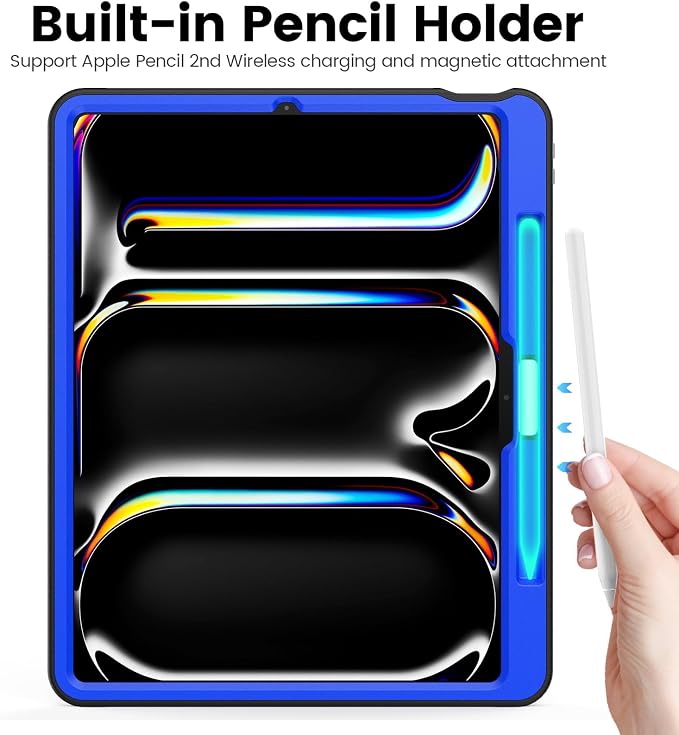 for iPad Pro 11 inch Protective Case M5 2025/M4 2024: Heavy Duty Shockproof Case with Pencil Holder - 360°Rotating Handle/Stand - Screen Protector - Shoulder Strap Black/Sky Blue