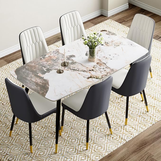 6 Person Dining Table Set, Sintered Stone Dining Table Set for 6, Kitchen Table Chairs Set of 6, Easy to Assemble