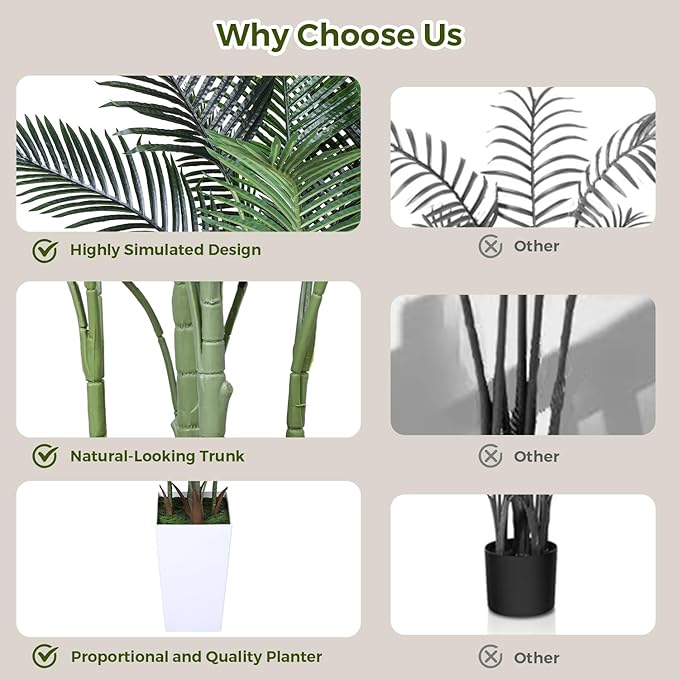 Artificial Areca Palm Tree 7FT Fake Potted Plant Faux Silk Tropical Areca Palm Real Bark Design, Large Artificial Plant in Tall White Pot for Home Living Room House Warming Floor Decor