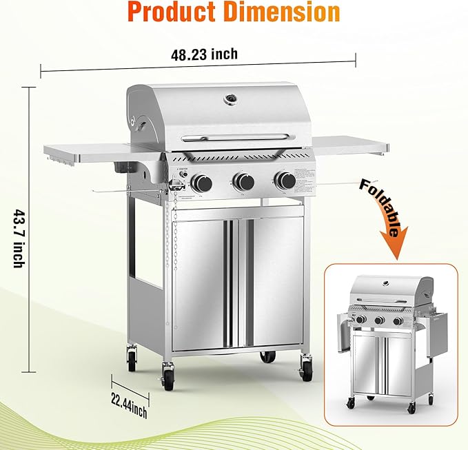 Electactic G31 Gas Grill, 3-Burner Gas Grill with Folding Side Tables,Stainless Steel 24,000 BTU BBQ Grill,Outdoor Propane Grill for Barbecue,Patio,Camping