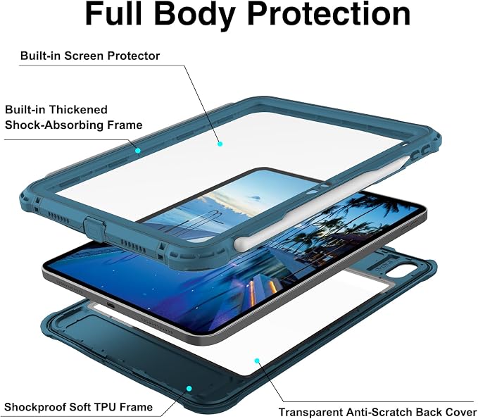 10.2 Waterproof Case Compatible with iPad 9th 8th 7th Generation 2021/2020/2019 Built-in Screen Protector with Strap Stand Pencil Holder Full Body Heavy Duty Protective Shockproof