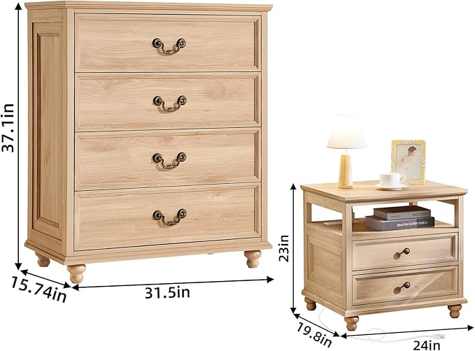 24" Wide Farmhouse Nightstand with Charging Station Set of 2, 37" Tall Rustic Chests of Drawers w/ 4 Solid Wood Feet, Farmhouse Furniture Series for Living Room,Bedroom,Wood