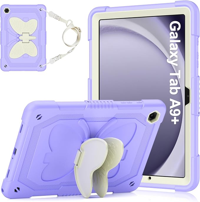 Cover for Samsung Galaxy Tab A11+ Plus/A9+ Plus Case with Screen Protector Galaxy Tab A11+/A9+ 11 inch 2025/2023 Released with Butterfly Stand Shoulder Strap Shockproof case for Kids Girl Colorful