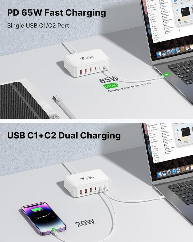 USB C Fast Charger 100W GaN 6 Port USB C Fast Charging Station Hub Block Cube QC USB A and PD USB C Wall Charger Power Multiple USB Charger Plug for iPhone 17 16 15 14 13 12 Pro Max iPad Samsung