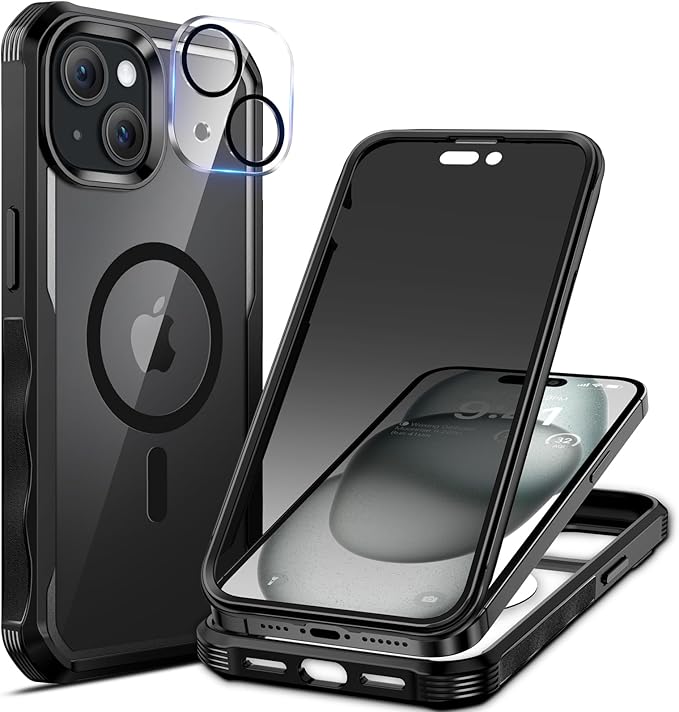 seacosmo for iPhone 15 Plus Case, Full Body Bumper with Built-in 9H Tempered Glass Privacy Screen Protector and Camera Lens Protector, Compatible with MagSafe, Shockproof Phone Cover, 6.7", Black