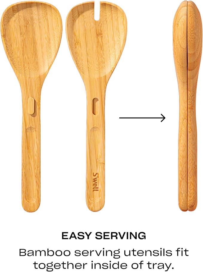 S'well Stainless Steel Salad Bowl Kit XL 184oz, Teakwood, Includes 5oz Canister For Dressing, Serving Utensils, and Removable Tray, Leakproof, Easy to Clean, Dishwasher and Refrigerator Safe