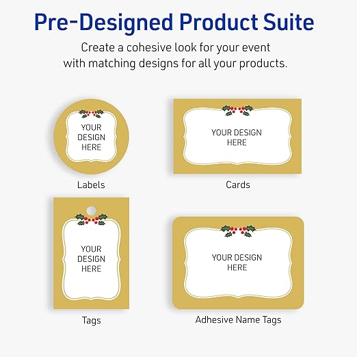 Avery Printable Christmas Adhesive Name Badges, Rectangle, 2-1/3" x 3-3/8", Pre-Printed Metallic Gold Border with Holly Design, Matte White, Laser & Inkjet Compatible, 80 Total