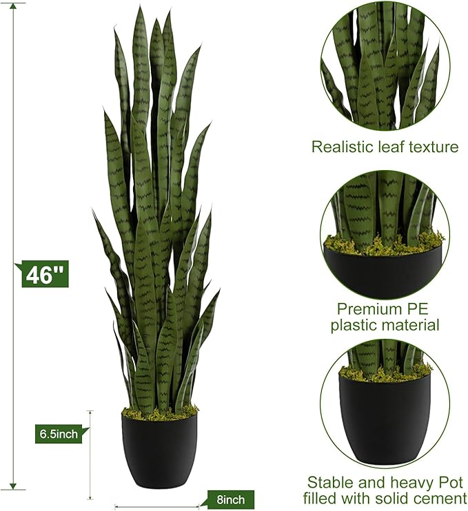 4ft Artificial Snake Plant – 46in Faux Sansevieria Plants, Fake Floor Plant for Indoor Outdoor, Front Porch Patio Home Office Decor, Mother-in-Law’s Tongue, Green 1Pcs