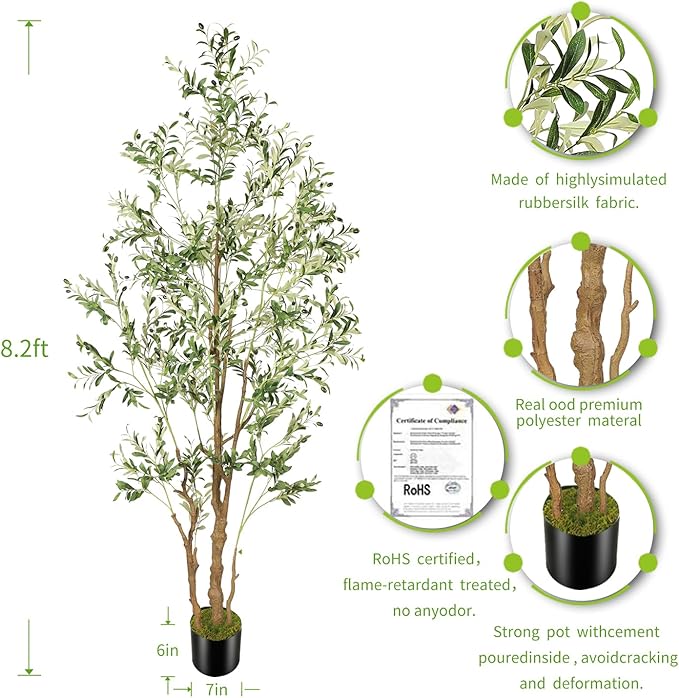 8.2ft Artificial Olive Tree (96in) with Plastic Nursery Pot Faux Olive Silk Tree, Fruits Fake Plant for Office House Farmhouse Living Room Home Decor (Indoor/Outdoor)