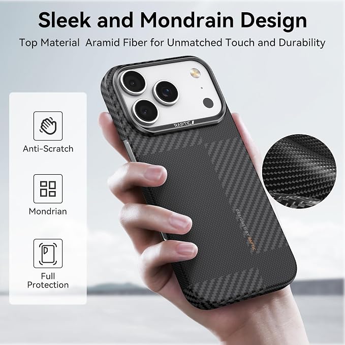 RAPTIC Aramid Fiber Case for iPhone 16 Pro Compatible with MagSafe Non-Slip &amp Slim 600D Aramid Fiber [Military Grade Drop Tested] Anti-Scratch Shockproof Protective Case 6.3 inch Black