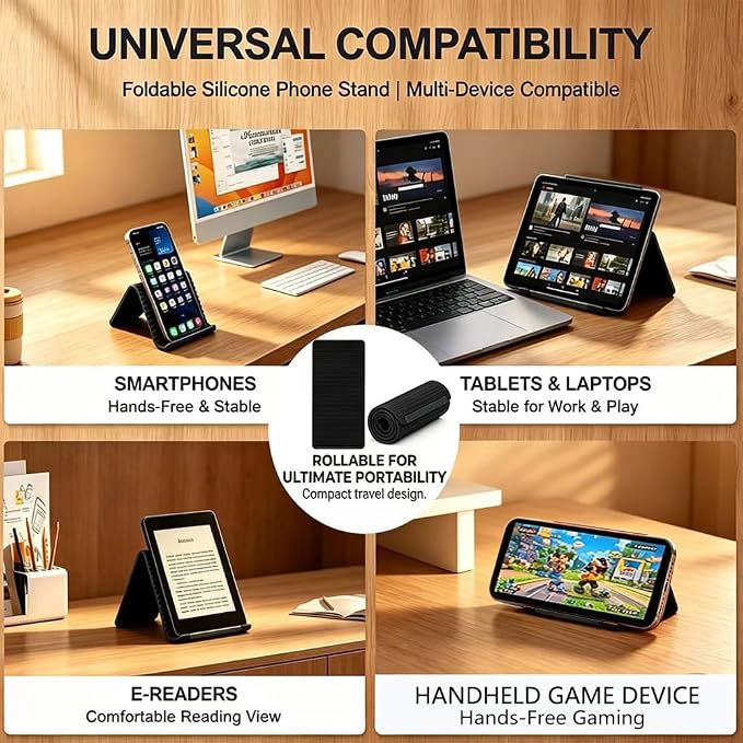Flexible Silicone Phone Holder Bendable Foldable Stand with Aluminum Adjustable Anti-Slip Multi-Angle Cellphone Holder Portable Rollable Stand for Phone Tablet Laptop 2 Pack Black