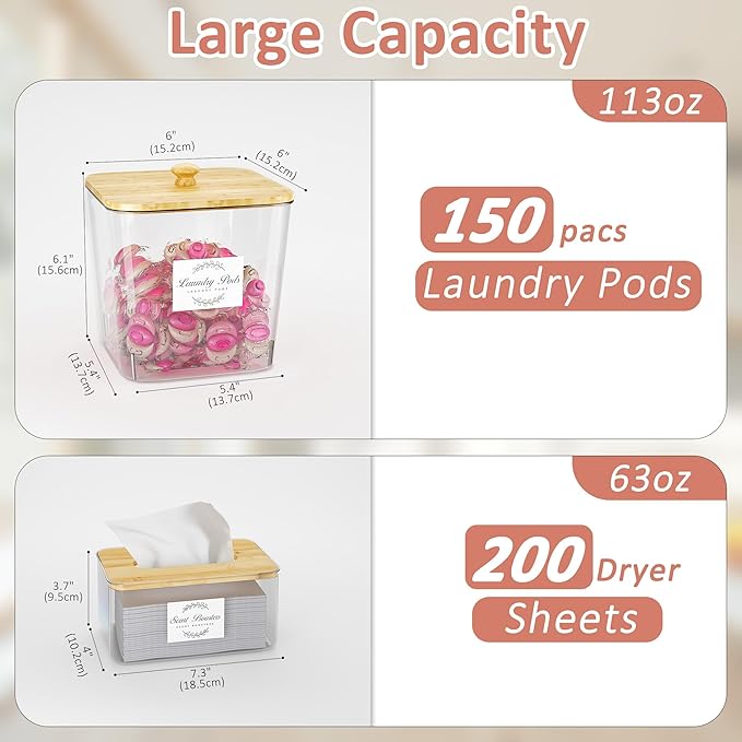 Laundry Room Organization and Storage, Laundry Pods Container and Dryer Sheet Holder with Bamboo Lids and Labels, Laundry Organizer with Scoops for Booster Beads, Powder, Pods, 2+1 Pack