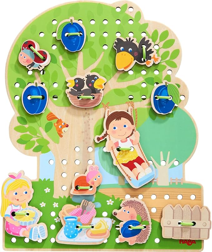 HABA Orchard Threading Game for Kids Ages 3-5, Lacing Tiles for Fine Motor Skills Development, Montessori Learning Toy for Preschoolers with 31 Fruit & Character Tiles