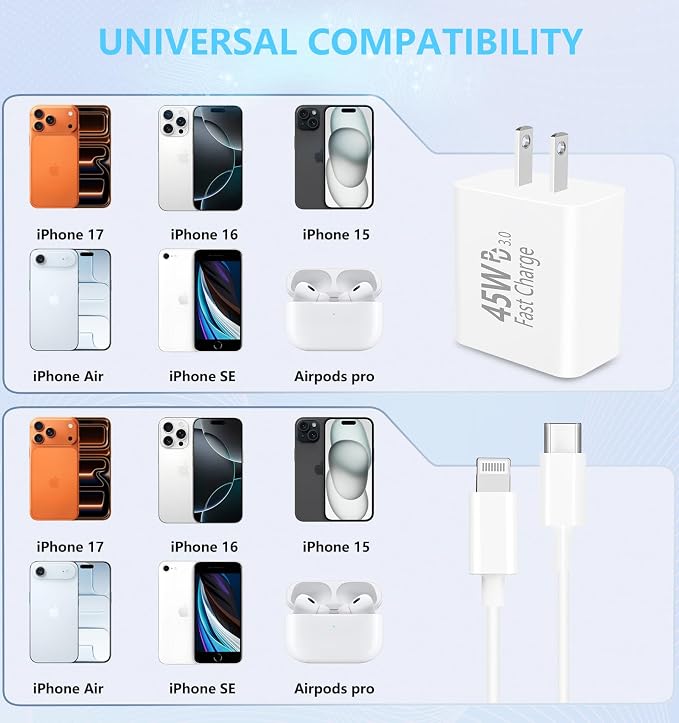 45W USB C Super Fast Charger Block 2Pcak with 6FT Long USB C Charging Cable | PD 3.0 Wall Charger Block with 6Ft USB C Cable Super Fast Charging for iPhone 17/16/15/Air GalaxyiPad Pro
