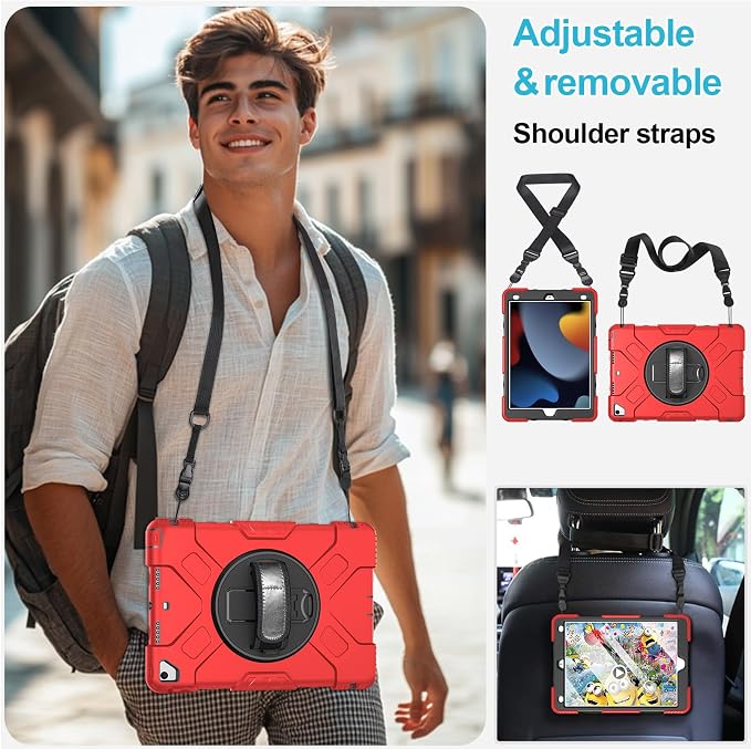Case for iPad 9th/8th/7th Generation 10.2 Inch Black | Shockproof Protective Silicone Cover with Rotatable Stand-Screen Protector-Handle- Shoulder strap- Pencil holder