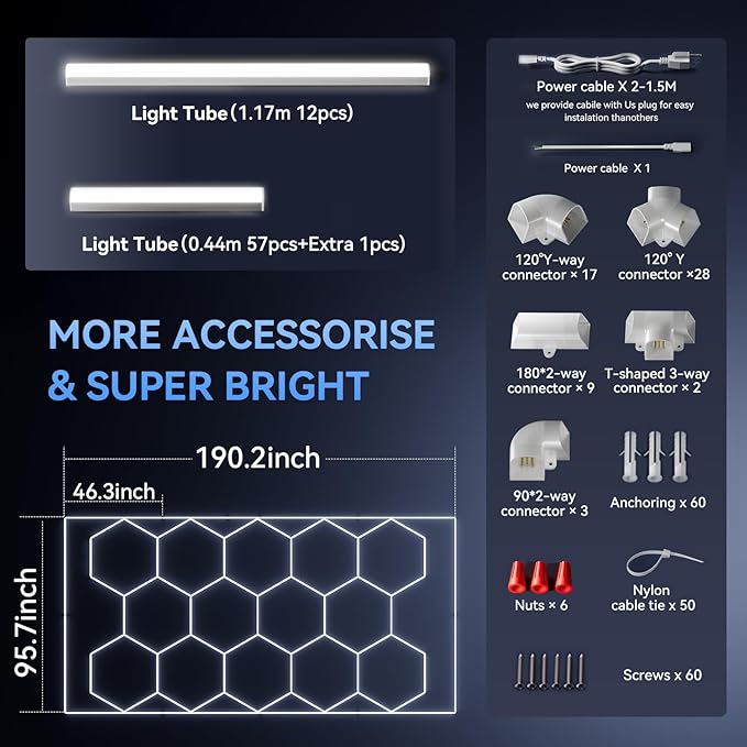 LED Hexagon Garage Light - Super Bright 108000LM Car Detailing Shop LED Garage Lights Hexagon Lighting System for Home Gym Workshop Basement Warehouse