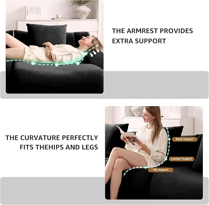 Black L-Shaped Cloud Couch with 1 Ottoman, Modern Teddy Fabric Boneless Sectional Sofa in a Box, Modular Floor Sofa for Living Room, Deep Seat, No Assembly Required, Sofas para Sala