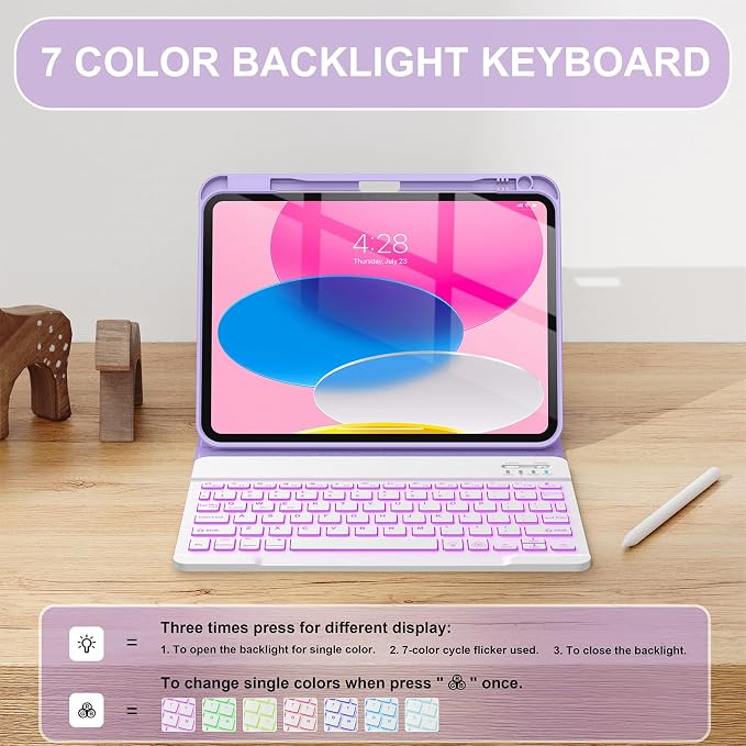 Soke for iPad (A16) 11th/10th Gen Case with Keyboard Black Marble | For iPad 11/10.9 inch(2025/2022) 7 Color Backlight Magnetic wireless Detachable Keyboard Case Built-in Pencil Holder