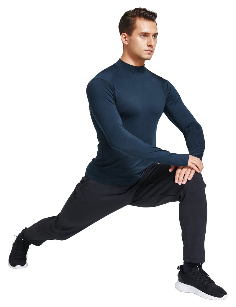 FitsT4 Sports Men's Thermal Shirt Fleece Lined Mock Neck Base Layer Tops Long Sleeve Running Athletic Shirt with Thumbholes Navy L