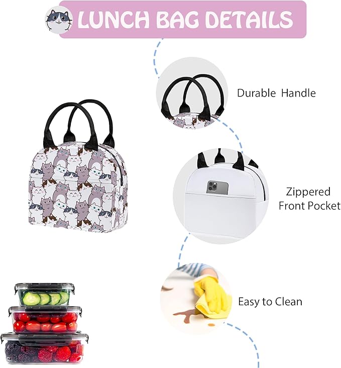 Cat Cute 3PCS Backpack Set for Teens Elementary Middle High School, 17 Inch Lightweight Classic Backpack 3 in 1 Set for Girls Boys, Kids Back to School Backpack with Lunch Box Pencil Case