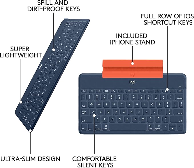 Logitech Keys-to-Go Super-Slim and Super-Light Bluetooth Keyboard for iPhone, iPad, Mac and Apple TV, Including iPad Air 5th Gen (2022) - Classic Blue