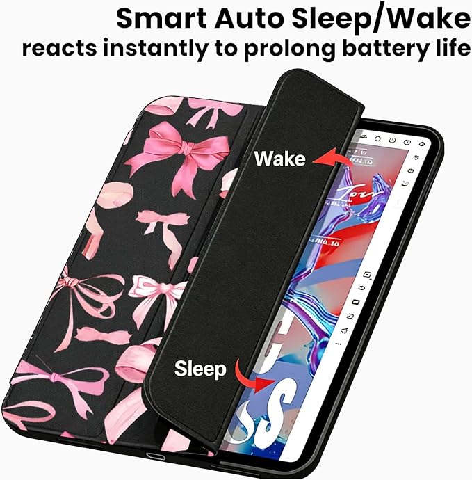 for iPad A16 11 Inch 2025 /for iPad 10th Generation 10.9 Inch 2022 Cute iPad Black Case with Pencil Holder-[Auto Wake/Sleep] Trifold Stand Soft TPU Protective Cover Pink Bows