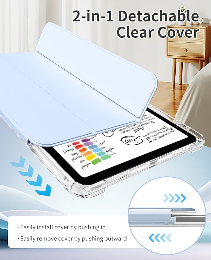 Case for iPad Air 11 M4/M3/M2 &amp iPad Air 5th/4th Gen 10.9-Black | For iPad Air 11 2026/2025/2024 &amp Air 10.9 2022/2020 2-in-1 Removable Transparent Back with Pencil Holder Auto Sleep/Wake