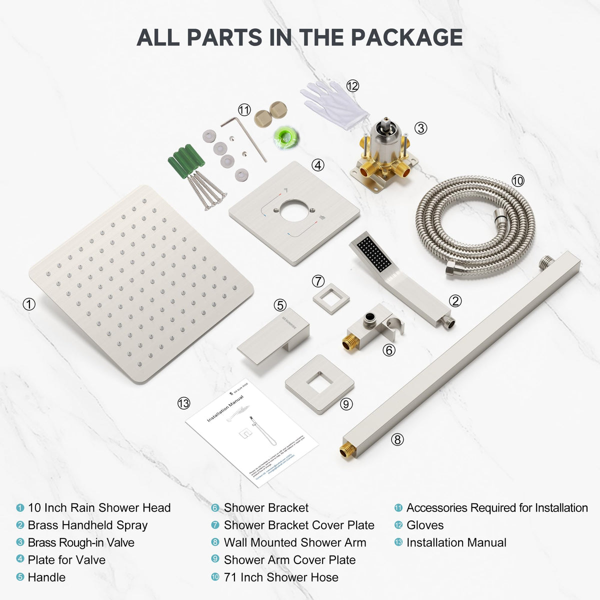 SR SUN RISE Shower Faucet Set & System - 10 Inch Rainfall Shower Head & Handle Set Wall Mounted Brushed Nickel Solid Brass Valve Trim Kit Included