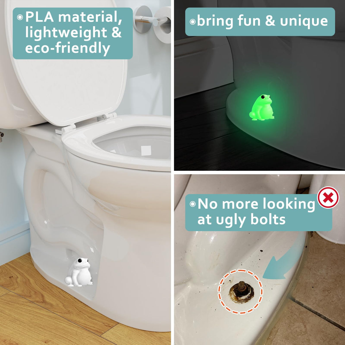 boeemi Frog Toilet Bolt Covers Decorative Glow in The Dark- 2PCs Toilet Screw Caps Luminous Green PLA Cute Bathroom Decor Accessories Push-on Install