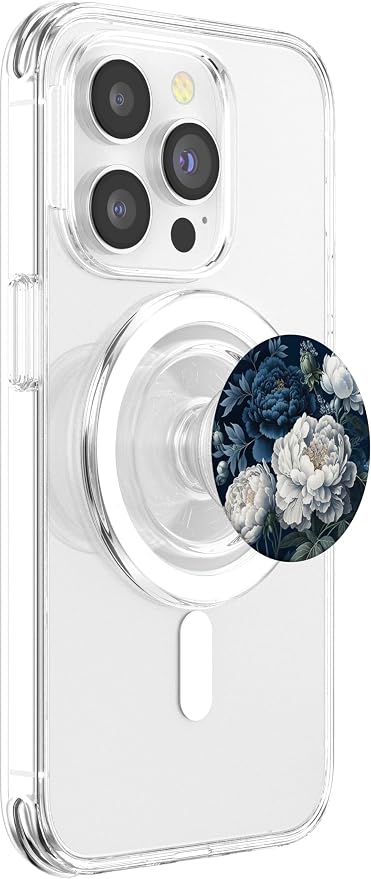 Navy Blue Peonies Blossom Leaves White Flowers Floral Girly PopSockets Adhesive PopGrip