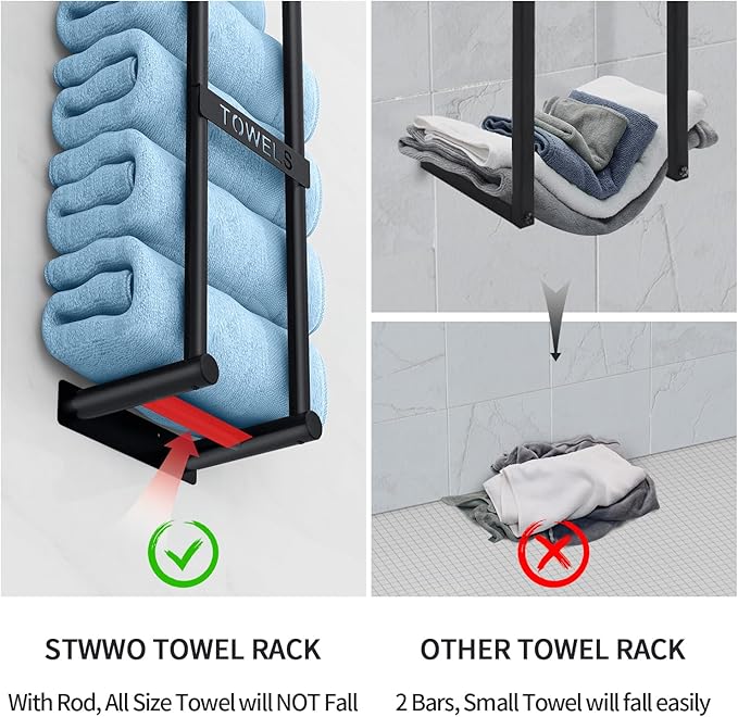 STWWO Towel Racks for Bathroom Wall Mounted, 22inch Wall Towel Rack for Rolled Towels, Towel Storage for Small Bathroom, Black