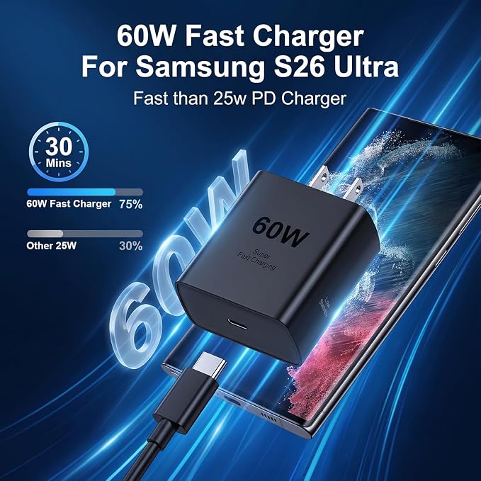 Samsung 60W USB C Fast Charging Block Type C Wall Plug Charging Brick &amp 10ft C Cable Super Fast Charging 3.0 for Samsung Galaxy S26 Ultra/S26/S26+/S25 /S24/S23 Ultra/Note 10+/Note 10-1PACK