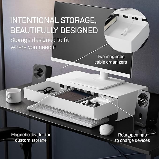 YAMAZAKI Home Tower Monitor Stand With Drawer – Monitor Riser With Storage, Desk Monitor Stand With Cable Management, Gaming Organizer, Steel, Black - Steel