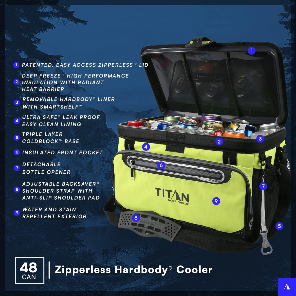 Titan by Arctic Zone Deep Freeze Cooler - 48 Can Zipperless Hardbody Cooler with Deep Freeze Insulation, HardBody Liner, and SmartShelf - Moss Green