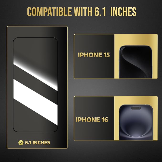 Tempered Glass for iPhone 15/16 Screen Protector Easy Install 9H+ Hardness Edge to Edge Coverage Thin &amp Ultra Clear Easy Applicator Pack of 2