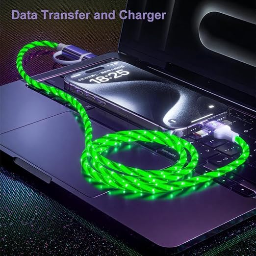 IHAO Multi Ports Light-Up USB Cable USBA to USBC/MicroUSB Cable Durable Fast Charging Cable with Visible Current Flow As Night Light Use-3in1 Blue