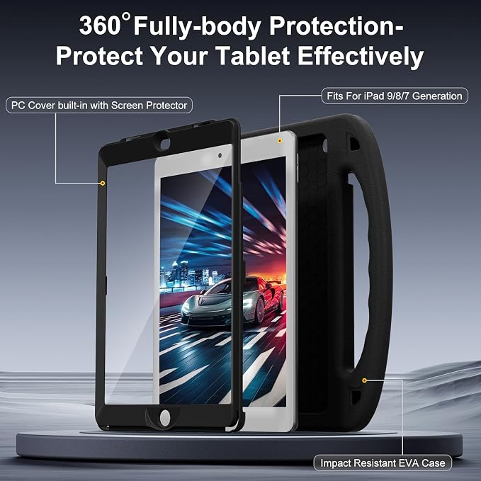 Kids Case for iPad 9th/8th/7th Gen. (10.2-inch 2021/2020/2019) | Shockproof Cover with Built-in Screen Protector and Stand Black