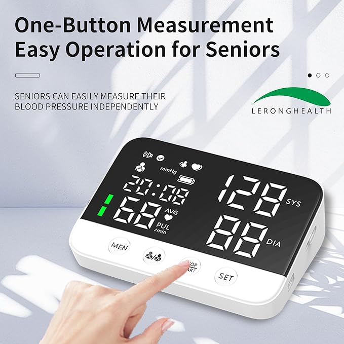 LERONGHEALTH Digital Upper Arm Blood Pressure Monitor for Home Use, Rechargeable, Large LED Display, Systolic Diastolic Pulse Reading, Voice Broadcast, 240 Memory Storage for 2 Users，FDA Cleared
