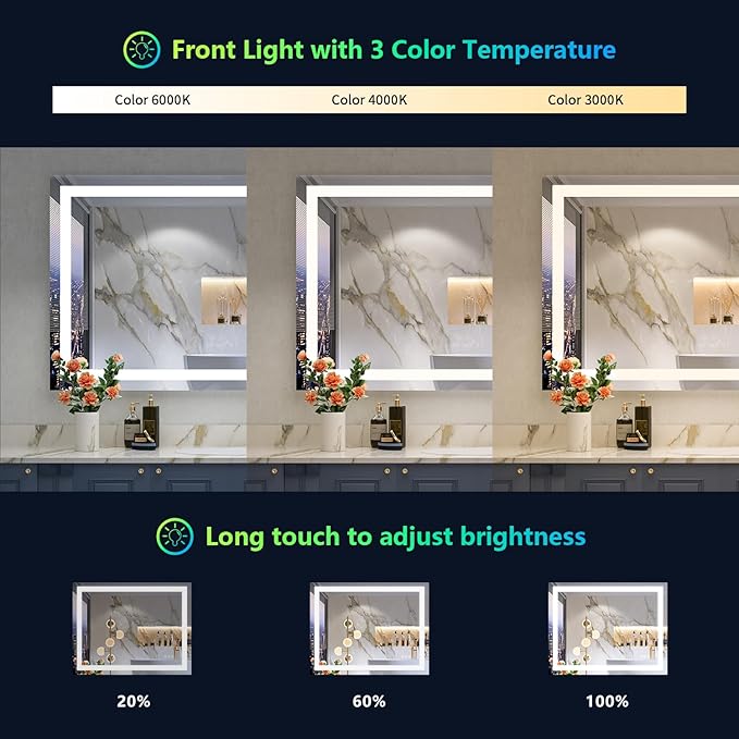 YEELAIT 36x30 Inch RGB LED Bathroom Mirror Front Light and RGB Backlit Lighted Vanity Mirror for Bathroom Wall Mounted Dimmable Anti Fog Memory Shatter-Proof IP54 Waterproof Horizontal/Vertical